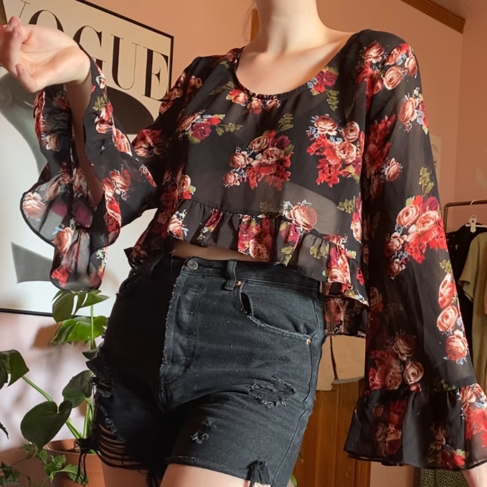 black floral sheer bell sleeve top